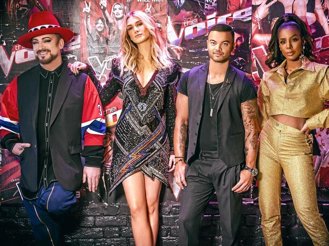 The Voice 2019 coaches, from left: Boy George, Delta Goodrem, Guy Sebastian and Kelly Rowland. Picture: Channel 9