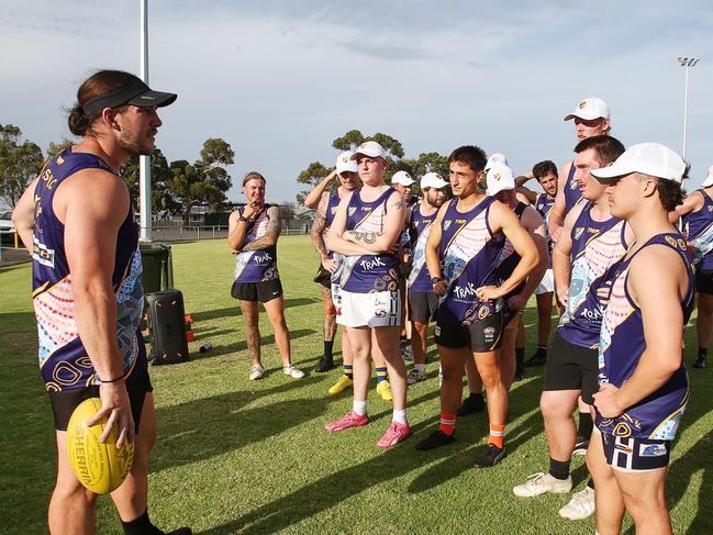 Capain Jacob Sammut addresses his teammates at training. Picture: Alan Barber