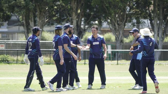 Clayton Districts players celebrate a wicket in Cricket Southern Bayside. Picture: Valeriu Campan