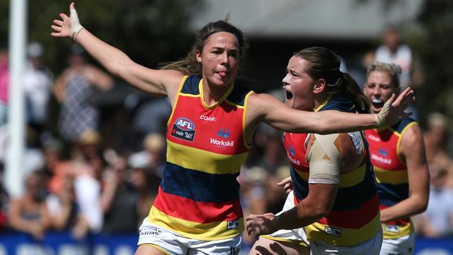 Jenna McCormick celebrates a goal for Adelaide. Picture: Wayne Ludbey