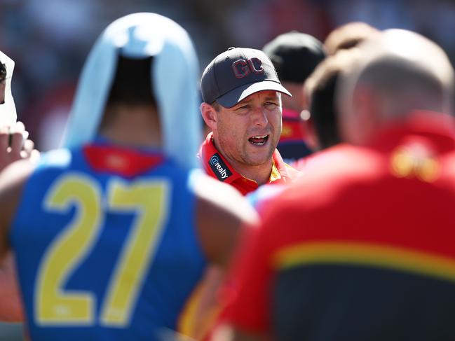 Gold Coast Suns head coach Stuart Dew speaks to players at three quarter time during the 2019 JLT Community Series AFL match between the Sydney Swans and the Gold Coast Suns at Oakes Oval on March 10, 2019 in Lismore, Australia. (Photo by Matt King/Getty Images)