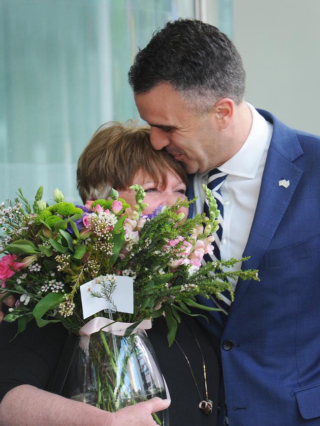 Peter Malinauskas and mother Kate outside <i>The Advertiser </i>after Kate's retirement as an editorial librarian. Picture: Michael Marshall