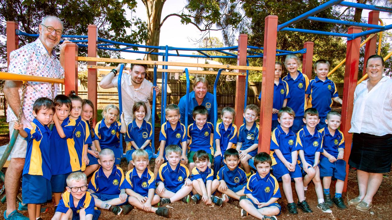 MY FIRST YEAR 2024: Toowoomba North State School combined Prep classes with teaching staff (from left) Brian Power, Robert Journeaux, Rosie Wieland and Cath Chew, February 2024. Picture: Bev Lacey