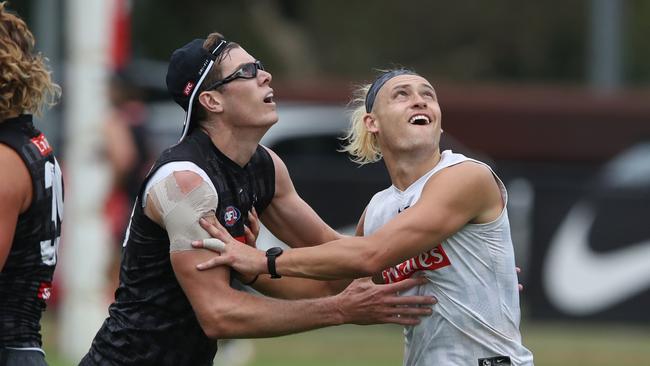 Mason Cox (L) says the AFL have been hypocritical in promoting how well players are paid. Picture: David Crosling