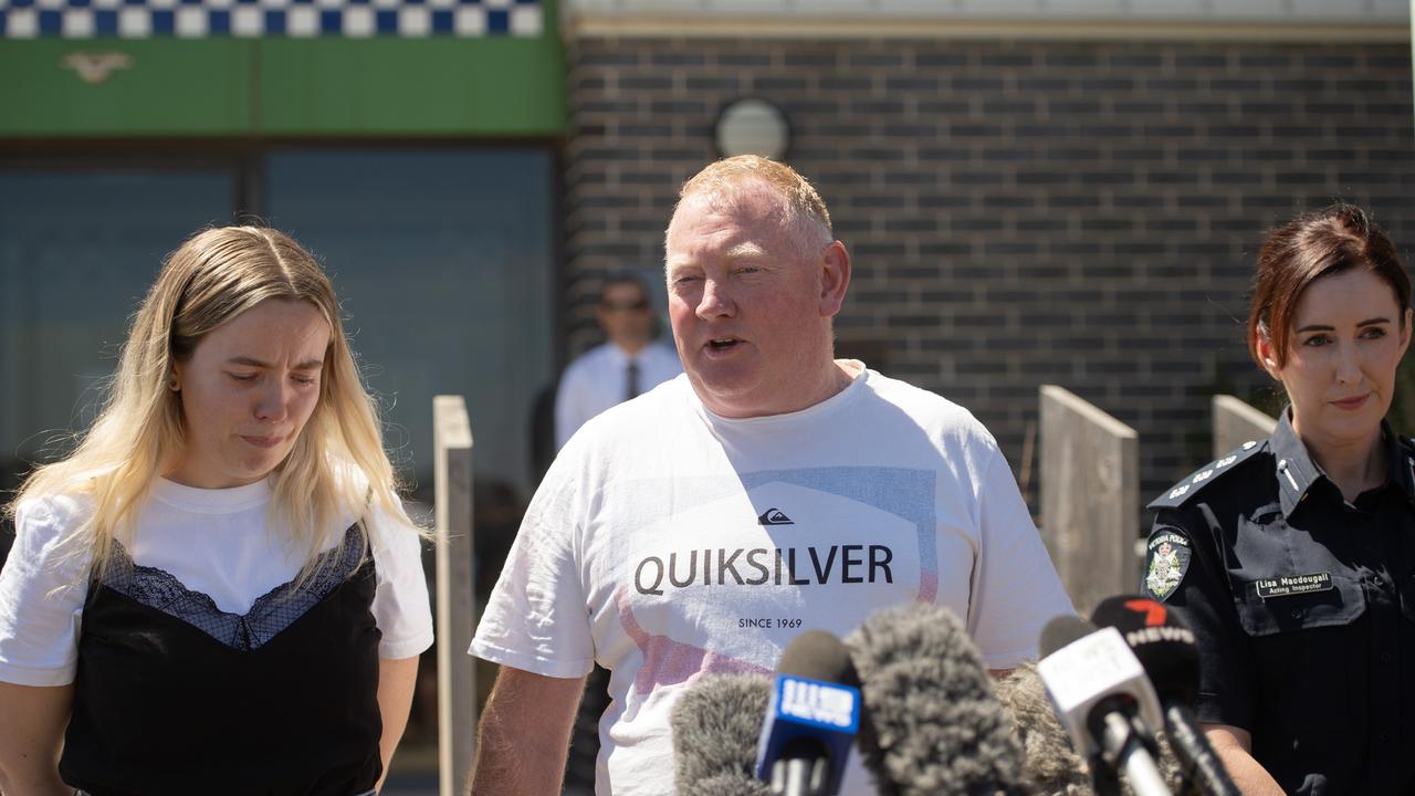 Samantha’s husband Michael Murphy (centre) and daughter Jess Murphy (left) speak outside Ballarat West Police Station. Picture: NCA NewsWire / Nicki Connolly