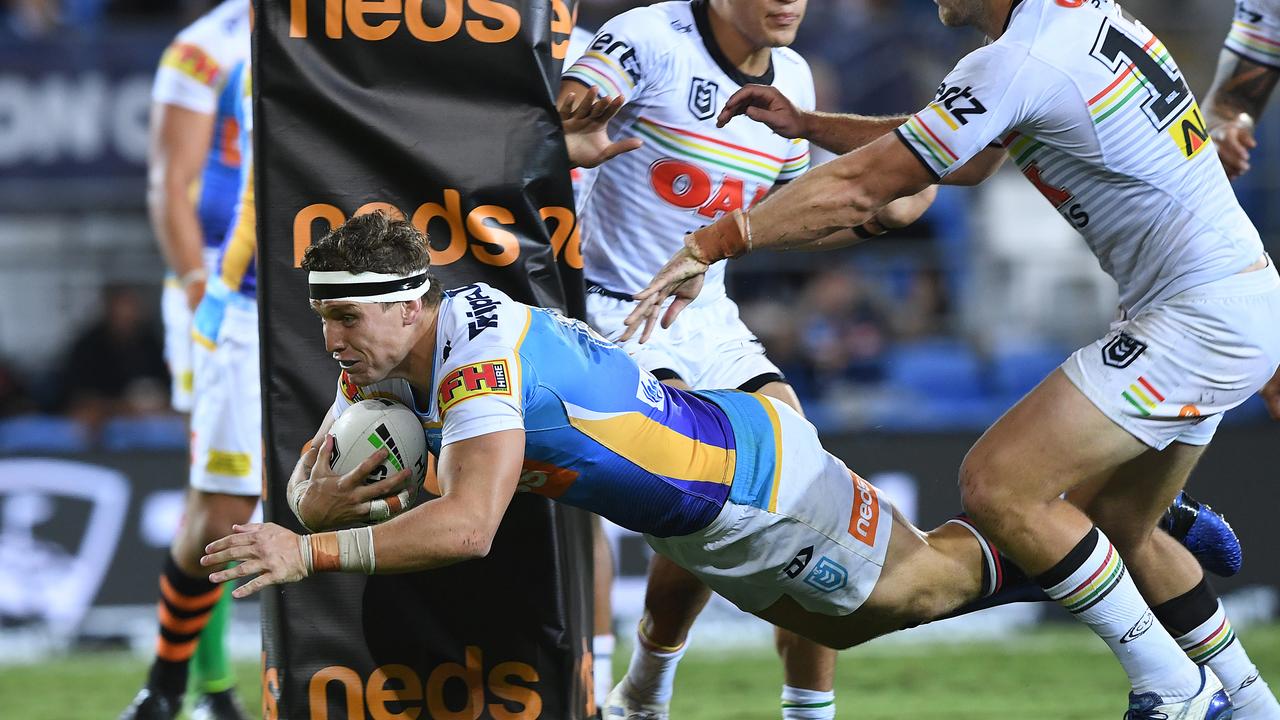 Jarrod Wallace scores a try during the Round 5 NRL match between Gold Coast Titans and  Penrith Panthers. Picture: Dave Hunt