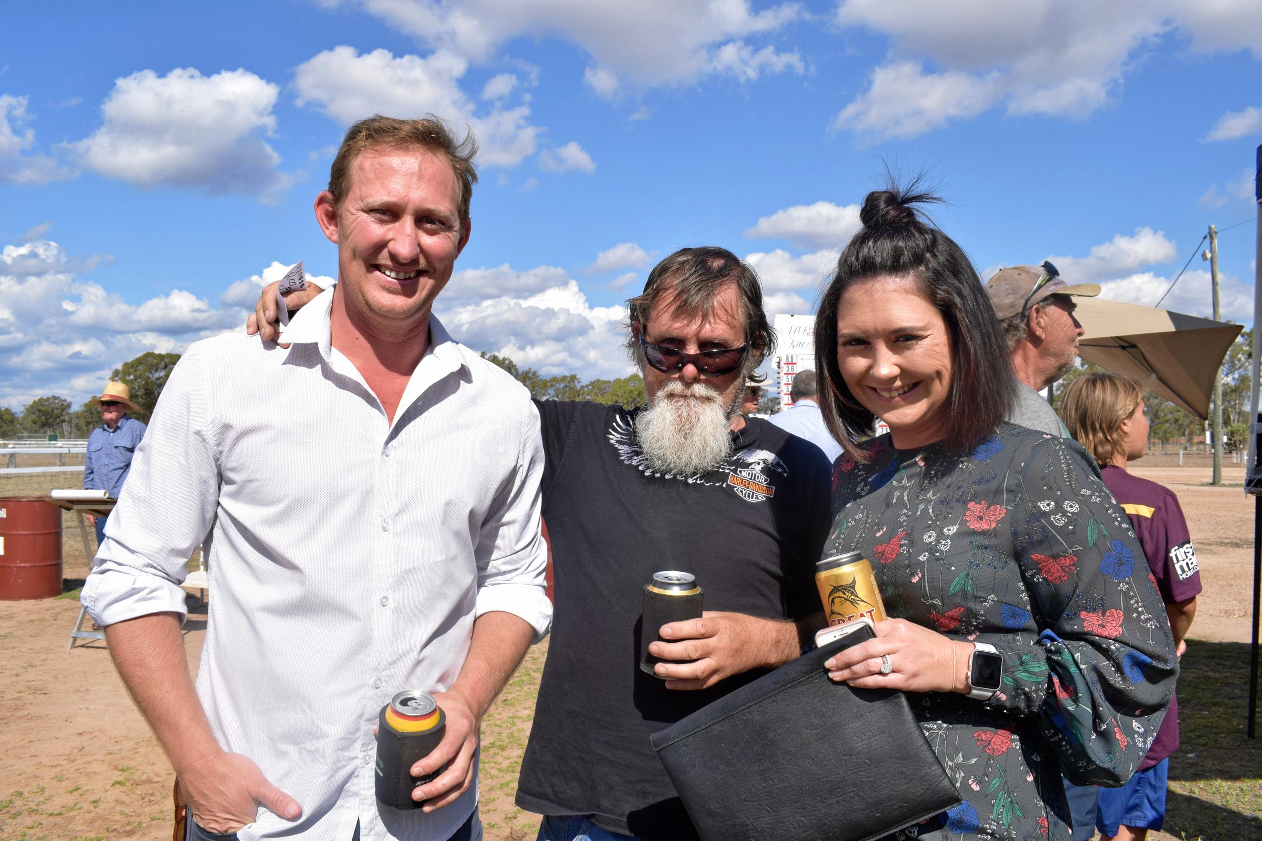 Ronnie Stephens, Mark Burraston, and Simone McDonald at the Tara Races October 6, 2018. Picture: Brooke Duncan