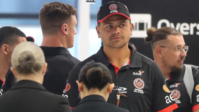 Latrell Mitchell and Jack Wighton at Sydney Airport. Picture: John Grainger