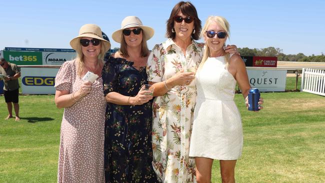 Francis, Jackie, Catherine and Trish attend the 2024 Echuca Cup races. Picture: Brendan Beckett