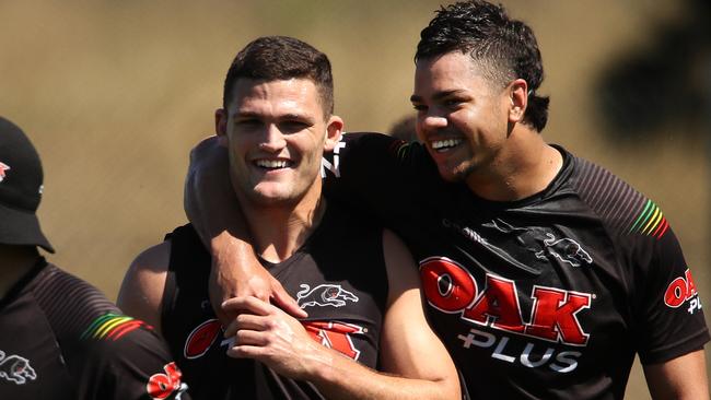 Penrith’s Nathan Cleary with Brayden McGrady at training on Monday. Picture: Phil Hillyard