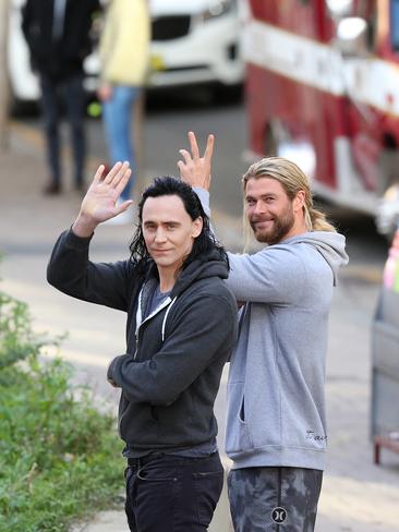 Chris Hemsworth and Tom Hiddleston pictured here on the set of Thor 3 being shot in Brisbane. Picture: Jack Tran