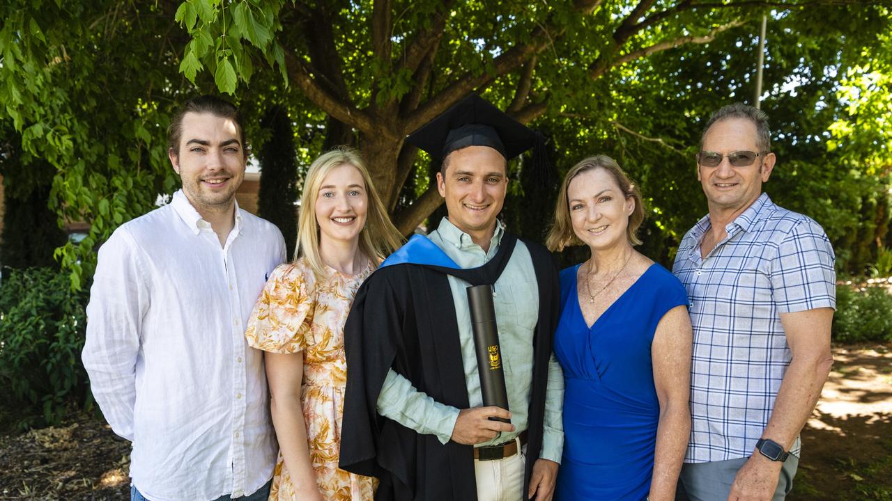 Bachelor of Paramedicine graduate Tyler Gilmour with (from left) Lachlan Gilmour, Nikki Metcalf, Darlene Gilmour and Robert Gilmour at the UniSQ graduation ceremony at Empire Theatres, Wednesday, December 14, 2022.