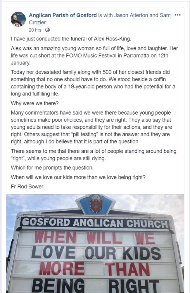 Father Rod Bower posting to the Anglican Parish of Gosford Facebook page. Picture: Facebook