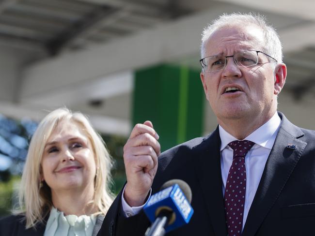 Prime Minister Scott Morrison (right) with Liberal candidate for Hughes Jenny Ware. Picture: NCA NewsWire / Nikki Short