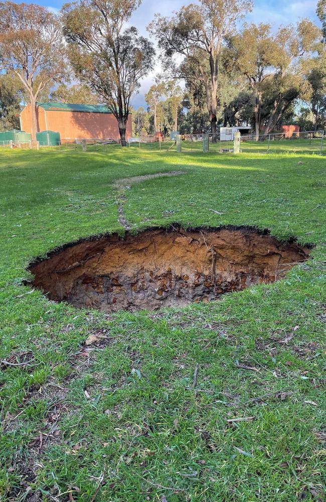 The 10-metre sinkhole on Pia Ramsing’s property. Picture: Supplied