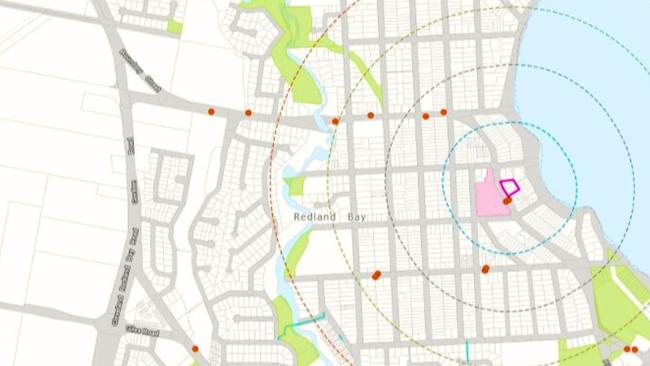 The lots marked on the map show where the units are proposed, one block back from the waterfront at Redland Bay and opposite the shopping village.