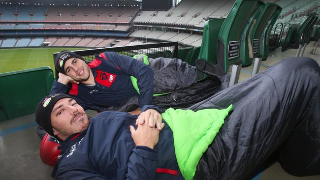 Melbourne AFL players Christian Petracca and Michael Hibberd. Melbourne Football Club is partnering with Melbourne City Mission again this year, which includes Sleep at the G. Picture: David Crosling