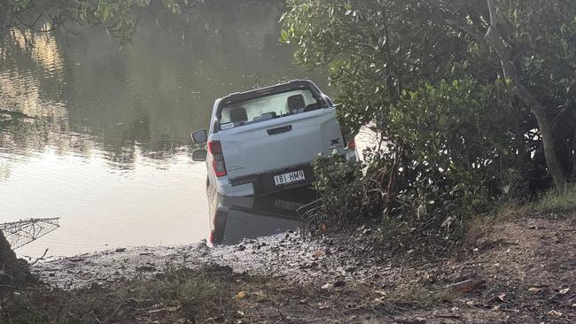 A stolen white Isuzu D-Max dumped in the water. Picture: Facebook/Reuben Stewart Richardson