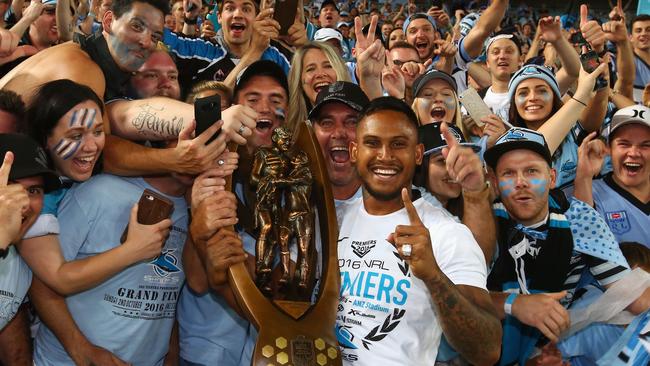 Barba celebrates with the crowd after the Sharks’ victory over the Storm in the NRL grand final. Picture: Getty Images