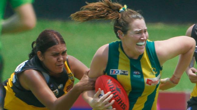 Nightcliff’s Danielle Djanghara-Cooper tries to bring down PINT’s Casey Morris in the Women's Premier League Round 13: clash. Picture: GLENN CAMPBELL