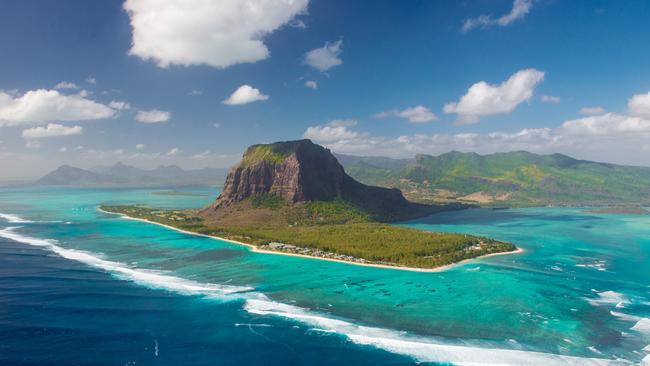 A bird’s-eye view of Mauritius and Le Morne mountain.