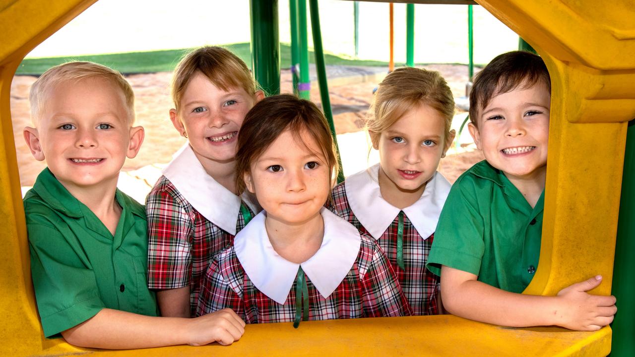 My First Year 2022: St Joseph's Catholic Primary School, Millmerran. Preps, from left; Chase Sinclair, Elana Hughes, Esther Hollis, Aria Klein and Clancy Willett. March 2022. Picture: Bev Lacey