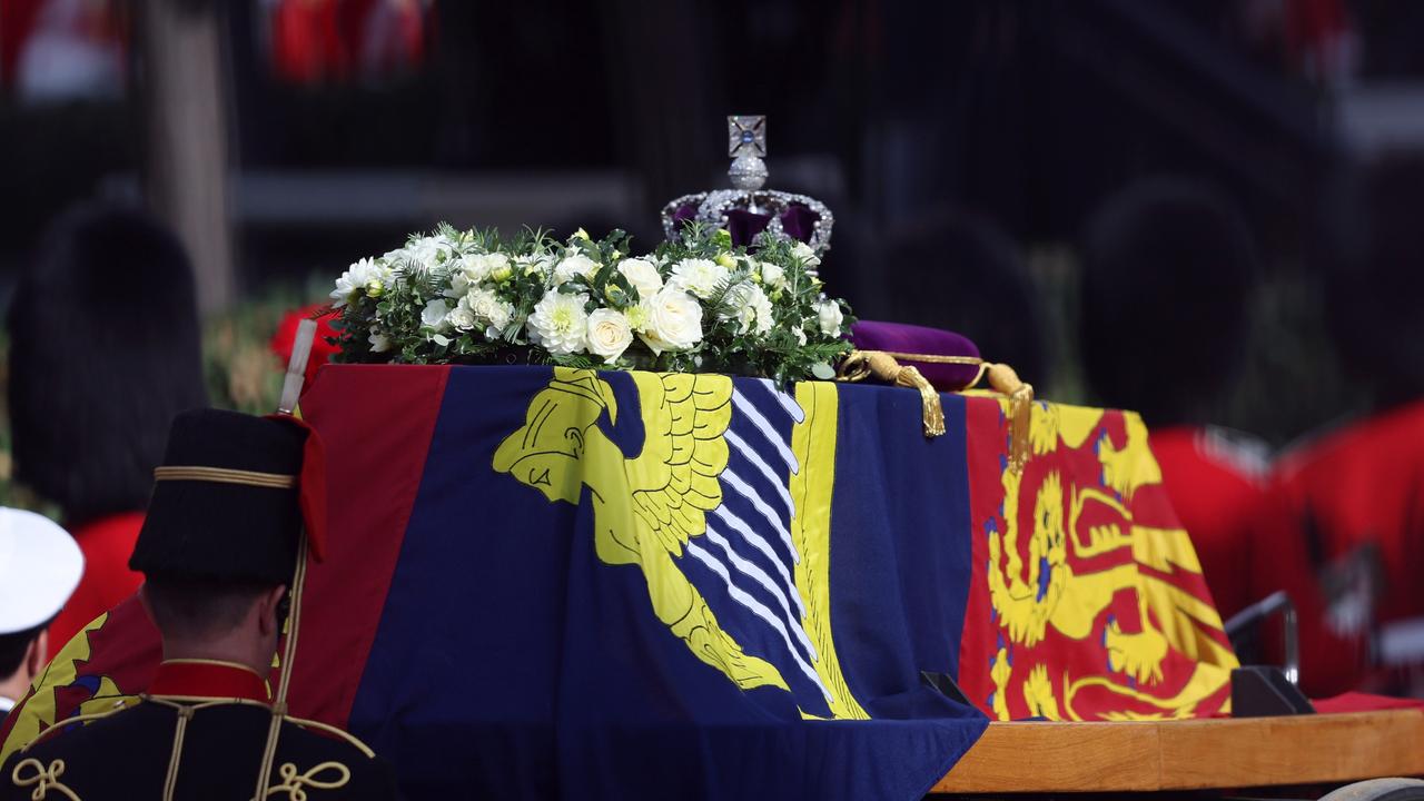 The Imperial State Crown is seen on the coffin carrying Queen Elizabeth II (Photo by Richard Heathcote/Getty Images)