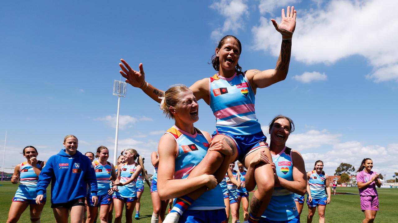 Richelle Cranston is chaired off the ground after her final AFLW game. Picture: Dylan Burns/AFL Photos