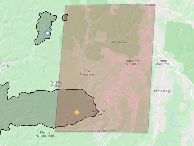 Central Coast bushfires: RFS map showing area at risk in today's challenging fire conditions. Three Mile Fire and Wrights Creek Fire.