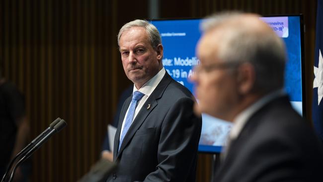 Australian Aged Care Minister Richard Colbeck speaks at Parliament House alongside Prime Minister Scott Morrison on May 1. Picture: Getty Images