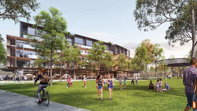 An artist's impression of the redeveloped Bonnyrigg Village Green with apartments in the background. Picture: Bonnyrigg Communities Plus Project: Modified Concept Plan 2019