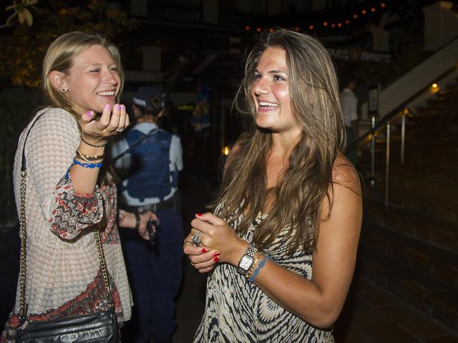 The new lockout laws were enacted at midnight on Sunday 23 February 2014, preventing patrons from re-entering a bar in certain zones after 1.30am. Two American tourists look confused after being denied re-entry to Hugo’s.