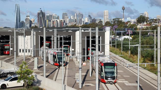 Pictured is the light rail yard at Lilyfield in Sydneys inner west. Buses have replaced trams on the entire light rail route due to cracks that have been identified in the carriages. Picture: Richard Dobson