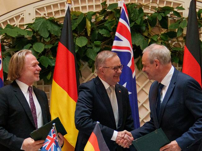 Australian Prime Minister Anthony Albanese in Germany today with Chancellor of Germany Olaf Scholz (right). "We’ve signed an in-principle agreement to build Boxer Heavy Weapon Carriers for Germany in Queensland. The project will create well paid manufacturing jobs for Australians. And mean a boost of more than $1 billion to the Australian economy." Picture: Twitter