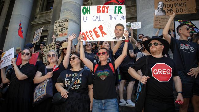 South Australian educators on strike march to the steps of Parliament House. Picture: NCA NewsWIRE / Emma Brasier