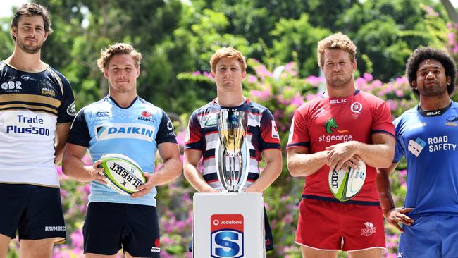 The captains of Australia’s five Super Rugby teams (l-r) Sam Carter (Brumbies), Michael Hooper (Waratahs), Nic Stirzaker (Rebels), James Slipper (Reds) and Tatafu Polota-Nau (sitting in for Matt Hodgson) at the season launch in February.