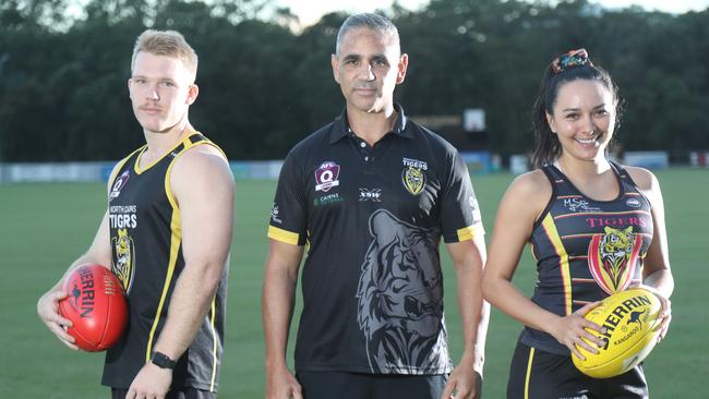 North Cairns Tigers men’s co-captain Chris Lee, coach Ronnie Burns and women’s captain Tarin Moke. PICTURE: STEWART McLEAN