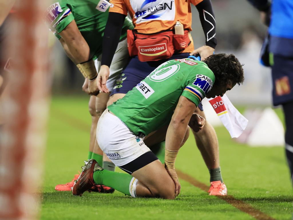 Joseph Tapine injured his ribs in the first half and di not return. Picture: Mark Evans/Getty Images