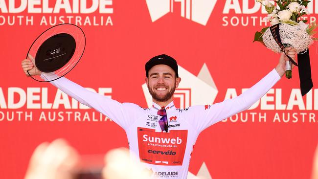 WILLUNGA HILL, AUSTRALIA - JANUARY 20: Chris Hamilton of Australia and Team Sunweb celebrates on the podium during the 21st Santos Tour Down Under 2019, Stage 6 a 151,5km stage from McLaren Vale to Willunga Hill 374m / TDU / on January 20, 2019 in Willunga Hill, Australia. (Photo by Daniel Kalisz/Getty Images)