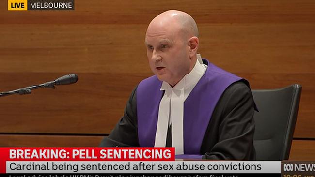 Chief Judge Peter Kidd delivers George Pell’s sentence at the Victorian County Court. Picture: ABC.