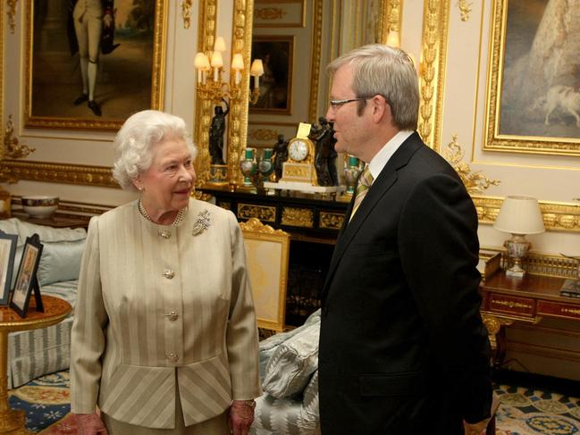 Queen Elizabeth II then-prime minister Kevin Rudd at Windsor Castle in, 2008. Picture: Steve Parsons / POOL / AFP