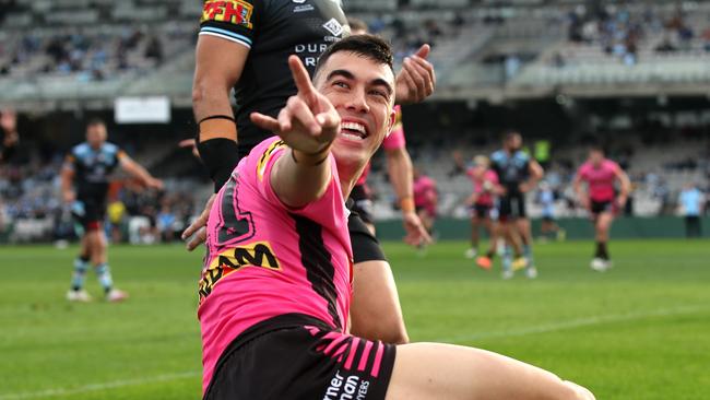 Penrith's Charlie Staines crosses for one of his four tries during his NRL debut against the Cronulla Sharks at Kogarah Oval. Picture. Phil Hillyard