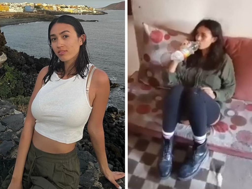 A video showed Noa Argamani drinking water while captive in Gaza (right).