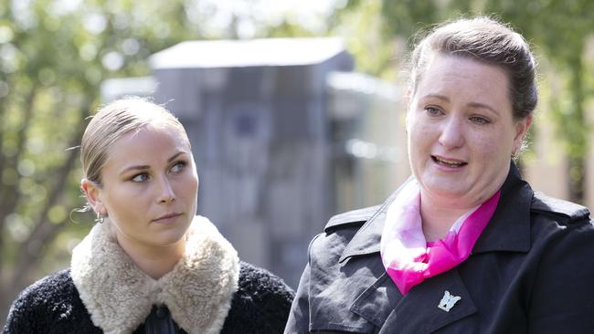 Grace Tame and Katrina Munting outside the Supreme Court of Tasmania, Hobart. Picture: Chris Kidd.