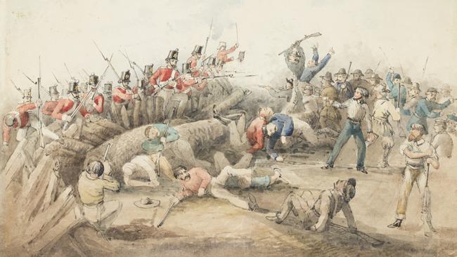 The Eureka Stockade rebellion of 1854 in Ballarat. Please credit State Library NSW.