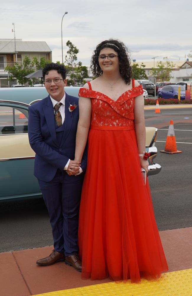 Wyatt Johnson and Kris Tauleâ€™alo arriving at the 2023 Kingaroy State High School formal.