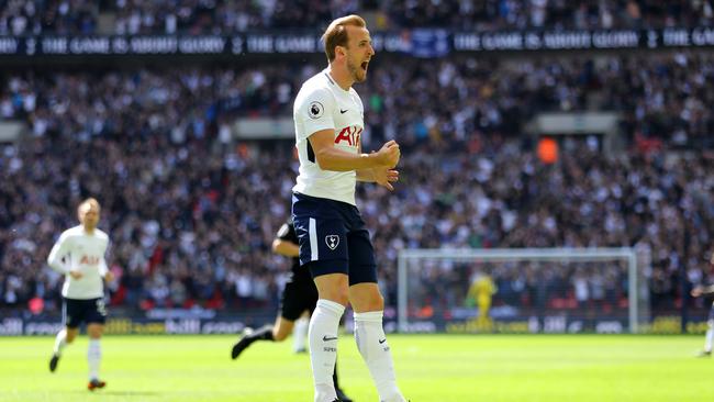 Harry Kane of Tottenham Hotspur celebrates after scoring against Leicester.