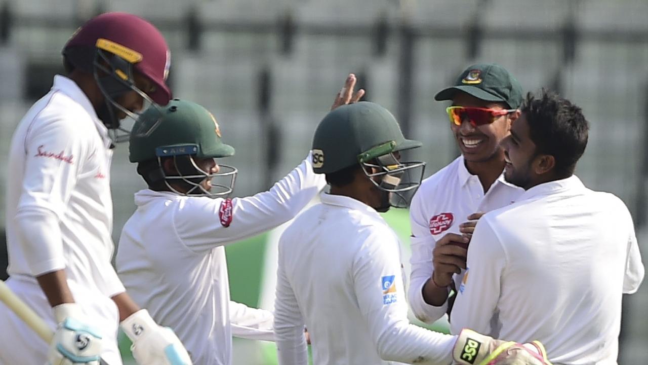 Bangladeshi cricketer Mehidy Hasan celebrates another wicket.