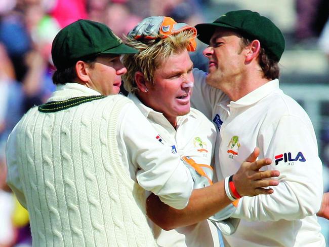 Team spirit: Ponting, Warne and Gilchrist celebrate an Ashes wicket. Picture: AFP