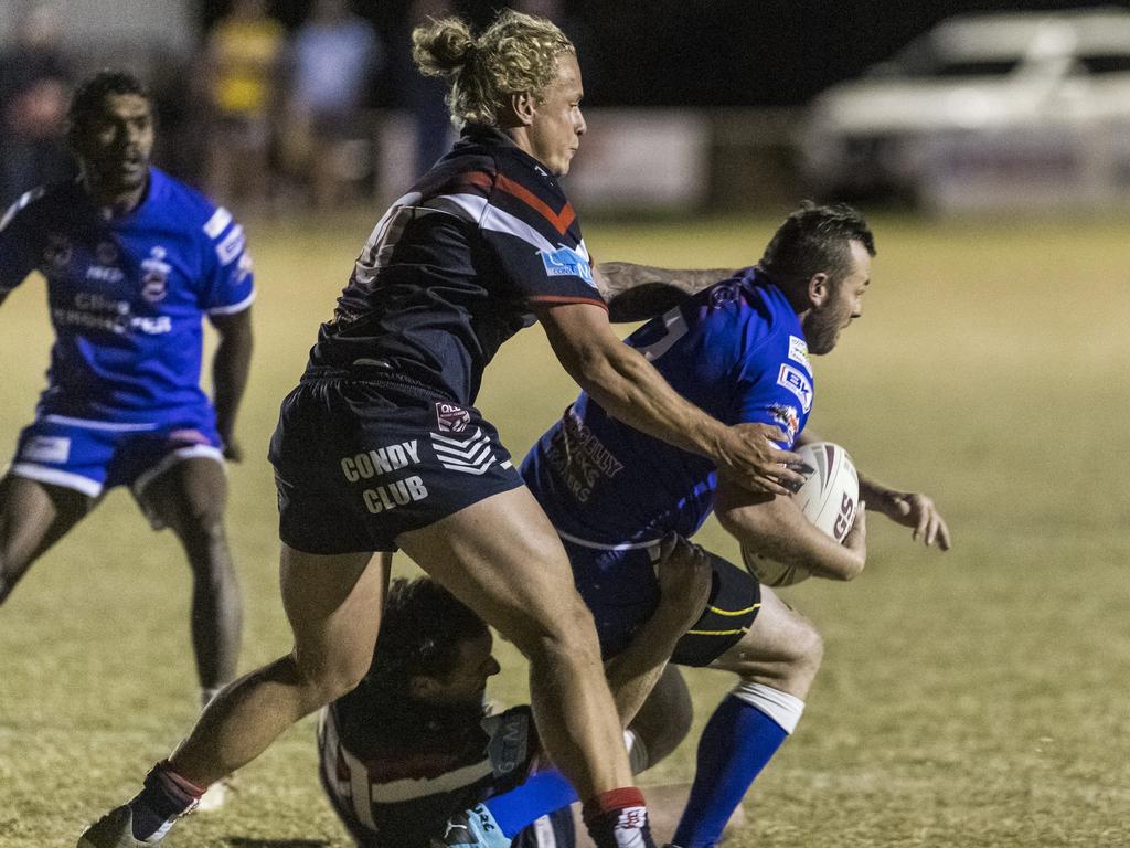 Kieran Fender (left) of Warwick tackles Coen Hopkins of Newtown in TRL A grade round 10 rugby league at Jack Martin Centre, Saturday, June 19, 2021. Picture: Kevin Farmer